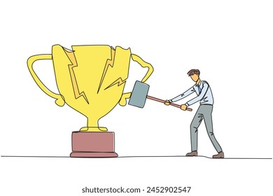 Single one line drawing businessman preparing to hit the big trophy. Rampage. Expressing mounting anger. Smashing the trophy with a sledgehammer. Failed. Continuous line design graphic illustration