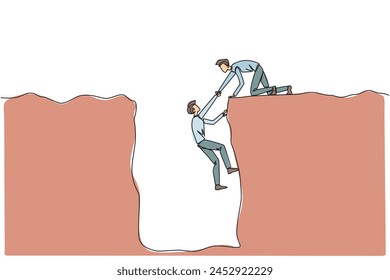 Single one line drawing businessman helps colleague climb a wide hole. Teamwork helps colleagues who have fallen. Inviting success together. Cohesive. Continuous line design graphic illustration