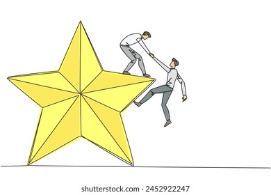 Single one line drawing businessman helps colleague climb big star. Metaphor of achieving dreams of success together. Have a very good career position. Continuous line design graphic illustration