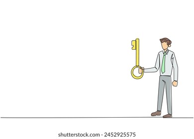 Single one line drawing businessman holding key. Important key to increasing profits has been secured. Ready to become important inheritance for relatives. Continuous line design graphic illustration