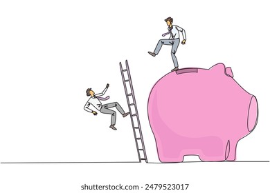 Single one line drawing businessman kicks opponent who is climbing piggy bank with stair. Bringing down opponents so don't have any investment in future. Continuous line design graphic illustration