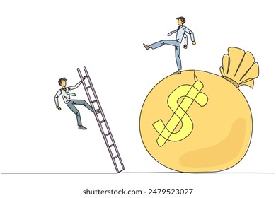 Single one line drawing businessman kicks opponent who is climbing the money bag with a ladder. Cheated by a business partner. Unprofitable business. Rival. Continuous line design graphic illustration