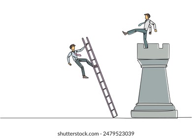 Single one line drawing businessman kicks opponent who climbing the chess rook with ladder. Wrong move. Wrong strategy. Plan leaked by colleague. Traitor. Continuous line design graphic illustration