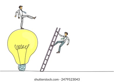 Single one line drawing businessman kicks opponent who climbing the lightbulb with a ladder. Dropping colleague because don't have bright ideas. Traitor. Continuous line design graphic illustration