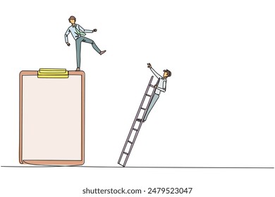 Single one line drawing businessman kicks opponent who is climbing a big clipboard with a ladder. The bully will ruin the daily report. Chase away bullies. Continuous line design graphic illustration