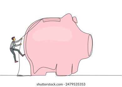 Single one line drawing businessman climbing piggy bank with rope. Entrepreneur working hard to make investments preparing for retirement. Smart worker. Continuous line design graphic illustration