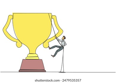 Single one line drawing businessman climbing the trophy with rope. Expanding branding by winning many awards. Connecting relationships. Mutual benefit. Continuous line design graphic illustration