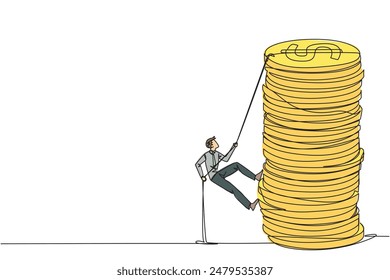 Single one line drawing businessman climbs stack of coins with rope. The entrepreneur trying hard climbing the rope to reach top of coins. Better future. Continuous line design graphic illustration