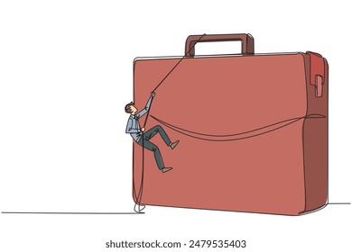 Single one line drawing businessman climbs briefcase with rope. A metaphor for building a business from scratch. Growing and having many relationships. Continuous line design graphic illustration