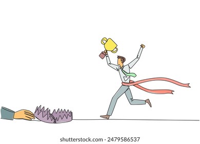 Single one line drawing businessman running with trophy. A dangerous business trap. A trap that really brings down a business. Fake friend. Traitor. Rival. Continuous line design graphic illustration