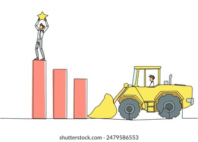 Single one line drawing businessman standing on the highest bar raising a star. Bulldozer ready to destroy the happiness. Betrayal. Fake friends. Traitor. Continuous line design graphic illustration