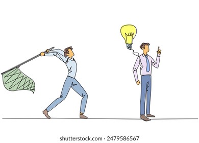 Single one line drawing businessman who comes up with an idea. A brilliant idea that will be stolen by a business partner. Cheating in business. Betrayal. Continuous line design graphic illustration
