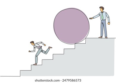 Single one line drawing businessman running down stairs avoiding big ball. Attacked by business friends. Traitor in business. Cheating in business. Betray. Continuous line design graphic illustration