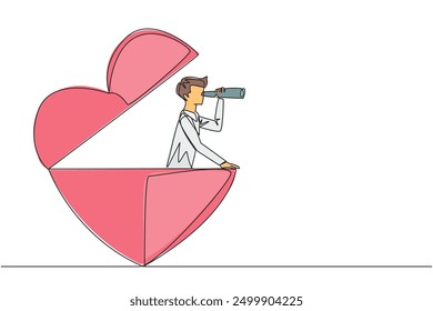 Single one line drawing businessman emerges from the shape of a heart looking for something through binoculars. Success in business and love. Aligned. Continuous line design graphic illustration