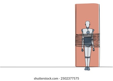 Single one line drawing businessman sat down, body and legs tied to chair. Piling up debts. Frozen accounts and assets. Losses when doing business. Hostage. Continuous line design graphic illustration