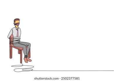 Single one line drawing businessman sat down, body and legs tied to chair. Piling up debts. Frozen accounts and assets. Losses when doing business. Hostage. Continuous line design graphic illustration