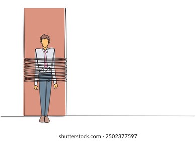 Single one line drawing the businessman stands, tied to a large column. Unable to pay debts. Have no assets to mortgage. Become a business guarantee. Fail. Continuous line design graphic illustration