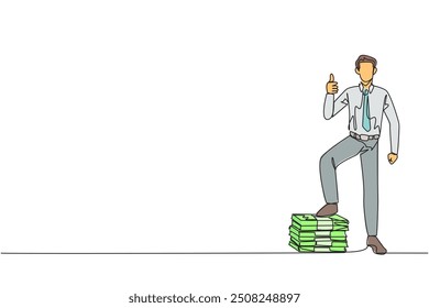 Single one line drawing businessman stands with thumbs up pose and steps on stack of banknotes with one of foot. Amazing feeling. Always make a profit. Continuous line design graphic illustration