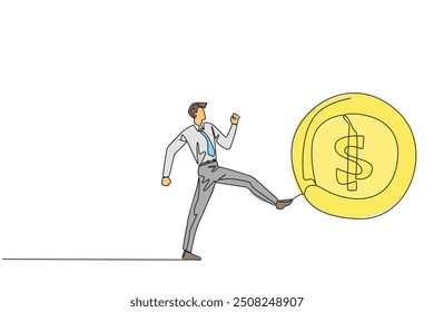 Single one line drawing businessman kicking a big coin with a dollar symbol. Throwing away an opportunity to get a chance. Indifferent to small profits. Continuous line design graphic illustration