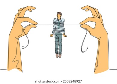 Single one line drawing businessman standing and tied by a rope held by 2 giant hands. Debt is increasing. No income. Business destroyed. Bankrupt. Failed. Continuous line design graphic illustration