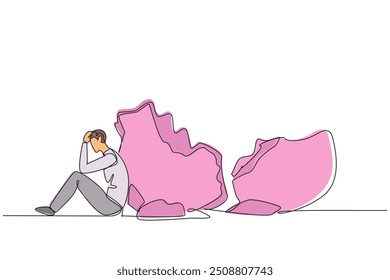 Single one line drawing businessman sit slump next to a large, destroyed piggy bank. Helpless. Not having a good financial plan. Financial problem. Mistake. Continuous line design graphic illustration