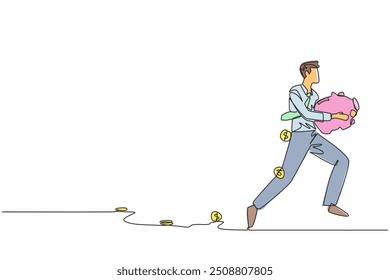 Single one line drawing businessman running while carrying a piggy bank with coins scattered around. Run to save company assets. Must always be profitable. Continuous line design graphic illustration