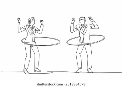 Uma única linha desenhando empresário e empresária jogando hula hoop. Ignore o trabalho de empilhamento. Preguiçoso por aí brincando no escritório. Dia Nacional da Luta Livre. Ilustração gráfica de design de linha contínua