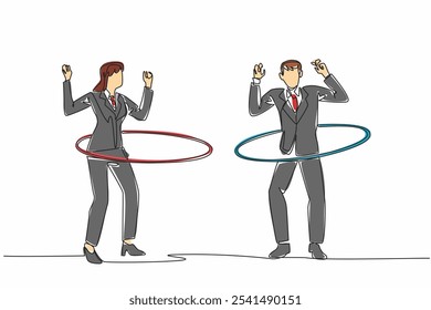 Uma única linha desenhando empresário e empresária jogando hula hoop. Ignore o trabalho de empilhamento. Preguiçoso por aí brincando no escritório. Dia Nacional da Luta Livre. Ilustração gráfica de design de linha contínua