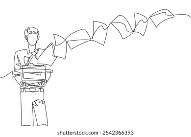 Single one line drawing businessman carrying pile of work papers blown away by the wind. A strong gust of wind ruffled the documents. National Big Wind Day. Continuous line design graphic illustration