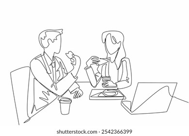 Single one line drawing businessman and businesswoman are eating pizza at the office table. Ordering food. Discussing work. National Make Lunch Count Day. Continuous line design graphic illustration