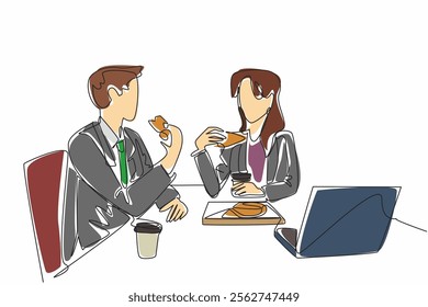 Single one line drawing businessman and businesswoman are eating pizza at the office table. Ordering food. Discussing work. National Make Lunch Count Day. Continuous line design graphic illustration