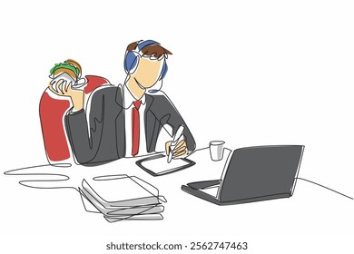 Single one line drawing businessman wearing headphones with mic. Technical support serves consumers via telephone while eating. Saving time. Deskfast Day. Continuous line design graphic illustration