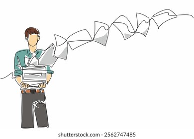 Single one line drawing businessman carrying pile of work papers blown away by the wind. A strong gust of wind ruffled the documents. National Big Wind Day. Continuous line design graphic illustration