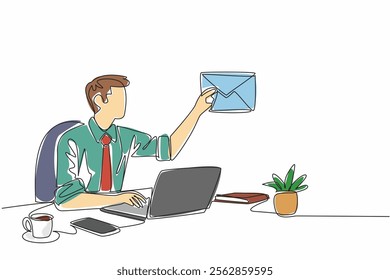 Single one line drawing a businessman sitting at his desk typing on his laptop. Provide offers to top clients via email. Convenience. National Email Day. Continuous line design graphic illustration