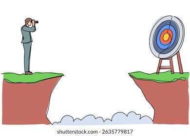 Single one line drawing businessman standing on cliff with binoculars in hand. Business target goals concept. Businessman focus to successful. Continuous line draw design graphic vector illustration