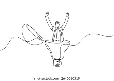 Single one line drawing businessman stands in lightbulb with top open raising hands. Getting out of comfort zone gives best idea. National Creativity Day. Continuous line design graphic illustration