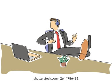 Single one line drawing businessman wear headphone sits on a chair with hands forms a gesture as plays guitar. Humming during break. National Sing Out Day. Continuous line design graphic illustration
