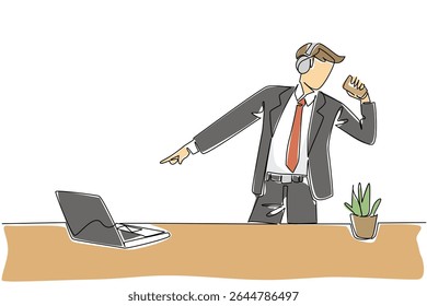 Single one line drawing businessman stands wear headphone and holds coffee paper cup as mic. Excitement like being at music concert. National Sing Out Day. Continuous line design graphic illustration
