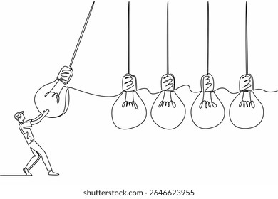 Single one line drawing a businessman holds a lightbulb and swings it at 4 lightbulbs in a row. Symbolism of throwing opinions. National Creativity Day. Continuous line design graphic illustration
