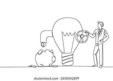 Single one line drawing a businessman turns tap on lightbulb and releases coins and a piggy bank holds them. Turning the deadlock. National Creativity Day. Continuous line design graphic illustration