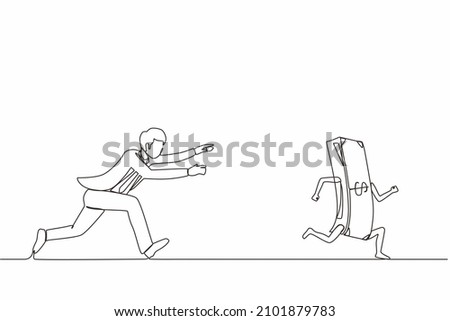 Single one line drawing businessman or manager running and chasing after run away money. Concept of money obsession, impatient, greedy. Modern continuous line draw design graphic vector illustration