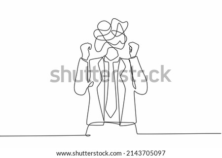 Single one line drawing businessman with round scribbles instead of a head. Angry man raised fist and shout or screaming expression. Man expresses negative emotions. Continuous line draw design vector