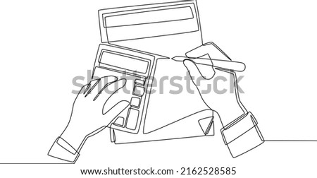 Single one line drawing businessman calculating revenue and cost with calculator. Corporate Finance Concept. Continuous line draw design graphic vector illustration.
