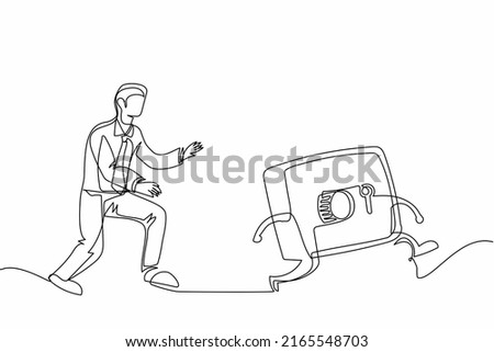 Single one line drawing businessman run chasing try to catch safe deposit box. Concept of secure, protection, banking, financial. Business metaphor. Continuous line design graphic vector illustration