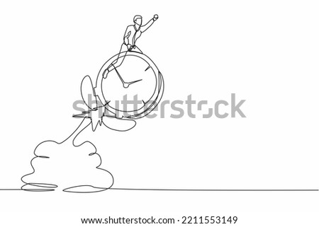 Single one line drawing businessman riding alarm clock rocket flying in the sky. Time management, manage to finish project with deadline, productivity. Continuous line draw design vector illustration
