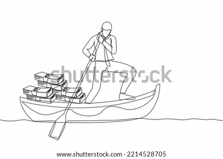 Single one line drawing businessman standing in boat and sailing with pile of banknote. Financial crime, tax evasion, money laundering, political corruption. Continuous line design vector illustration