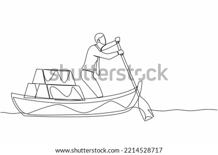 Single one line drawing businessman standing in boat and sailing with stack of golden bullion. Successful investor or entrepreneur. Gold investment. Continuous line graphic design vector illustration