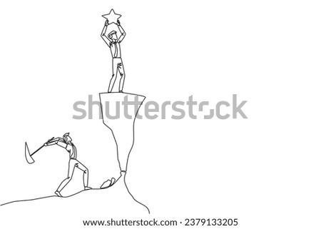 Single one line drawing businessman standing on a cliff lifting a star. An envious friend, eating away at success from the inside to fall down. The traitor. Continuous line design graphic illustration