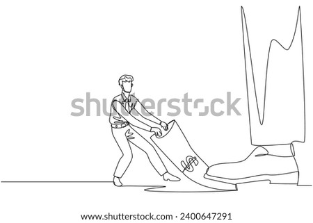 Single one line drawing businessman pulling banknotes that were stepped on by giant feet. Fighting to defend rights. Legitimate payment. Struggle to seize. Continuous line design graphic illustration