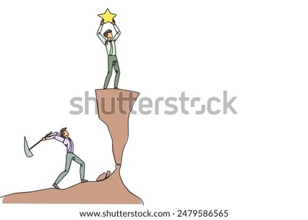 Single one line drawing businessman standing on a cliff lifting a star. An envious friend, eating away at success from the inside to fall down. The traitor. Continuous line design graphic illustration